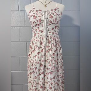 Floral White & Pink Lace Up Maxi Dress